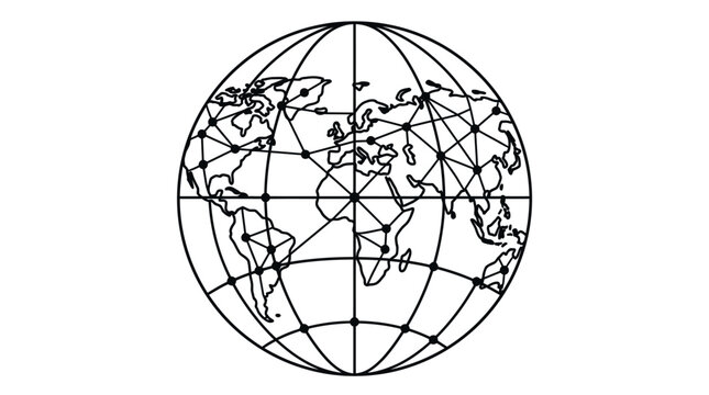 Globe with intricate network of connecting lines represents global connectivity and data flow in a minimalist design.