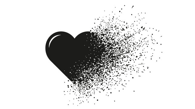 Black heart shape dissolving into scattered dots creates a striking and emotional abstract graphic on a clean background.