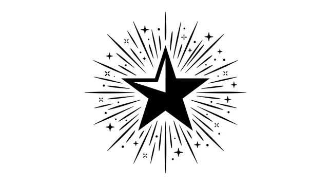 Black starburst graphic with radiating lines and small dots on a clean white background.