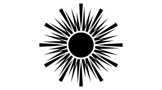 Minimalist black and white illustration of a sun with radiating lines and a central black circle.