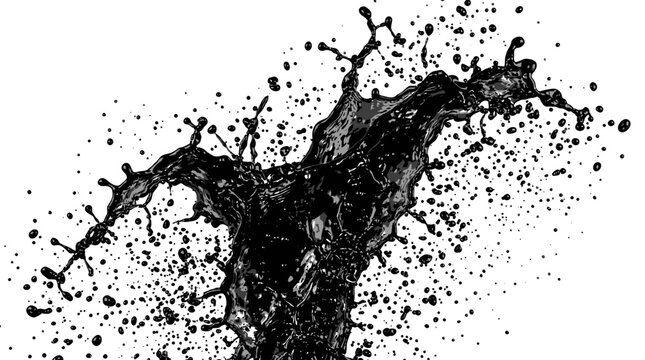 Abstract black ink splatter on white background creates dynamic visual texture for artistic and editorial compositions.