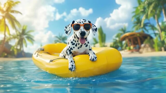 Dalmatian dog floating on a yellow buoy in tropical ocean water on a sunny day. Cute pet enjoying summer vacation on a beach resort. Animal leisure