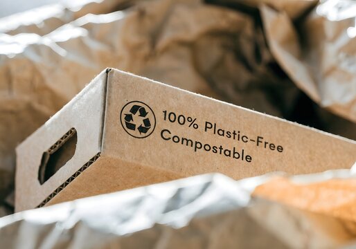Brown cardboard box labeled one hundred percent plastic free compostable packaging material