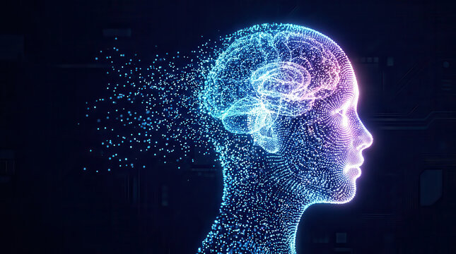 Digital AI human head with glowing neural network and flowing particles, illustrating artificial intelligence, human-machine interaction, machine learning, advanced technology and future progress