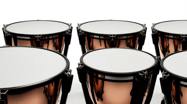 Four copper timpani drums with white heads arranged symmetrically. Percussion instruments isolated on white studio background. Classical music performance equipment.