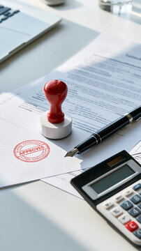 Bright top down still life of financial documents on a clean white desk with a rubber stamp reading pre approved a fountain pen and a small calculator beside them even daylight and crisp