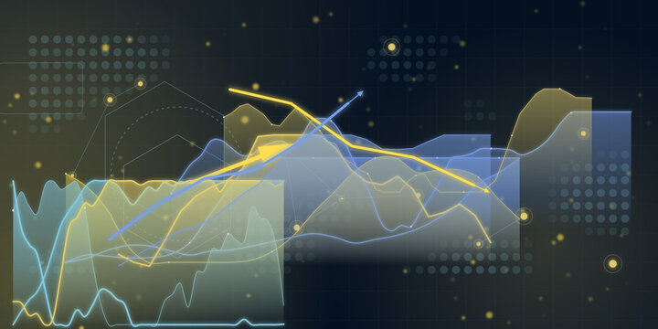 Financial data visualization chart with glowing trend lines and digital interface grid background