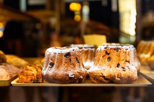 Kougelhopf sucr&eacute;s brioch&eacute;s aux fruits secs saupoudr&eacute;s de sucre glace en vitrine d'une boulangerie