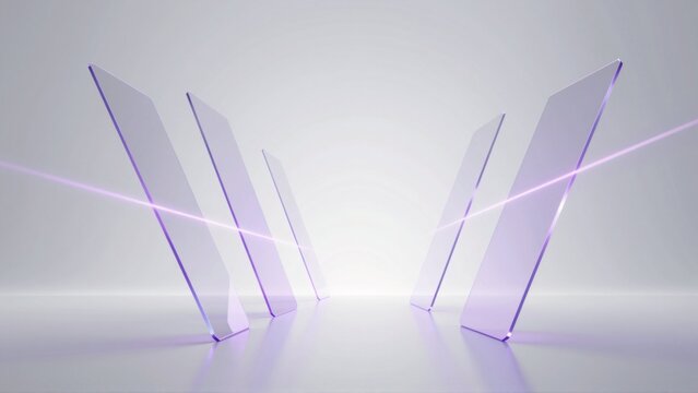 group five triangular shaped objects arranged line white surface objects appear glass similar material different sizes shapes same size shape largest one center smallest one either side background