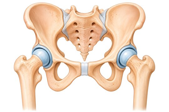 Clean medical diagram of female pelvic girdle and hip joint articulation. Educational anatomy illustration for medical and healthcare use.