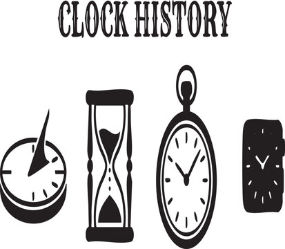 Clock history vector illustration showing evolution of timekeeping devices from sundial and hourglass to pocket watch and digital watch