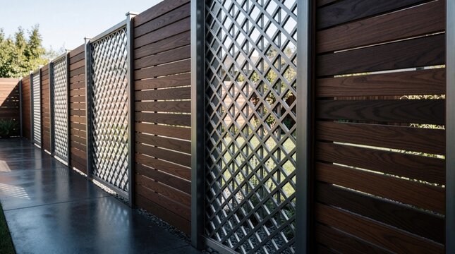 Modern backyard fence with wood slats, metal lattice panels. Contemporary residential perimeter wall provides privacy for garden, house. Stylish home improvement design uses dark timber, grey metal