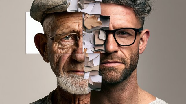 Man aging through life stages, showing the passage of time from youth to senior years, with a torn paper mosaic representing transitions and changes