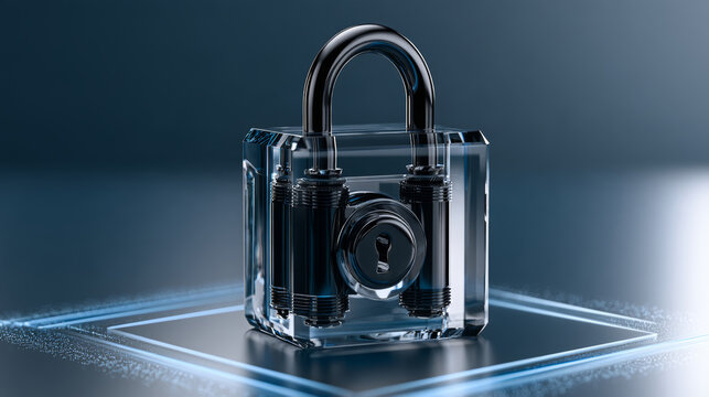 Glass padlock representing robust digital security, data protection, privacy, and cybersecurity, guarding sensitive information in an encrypted online world