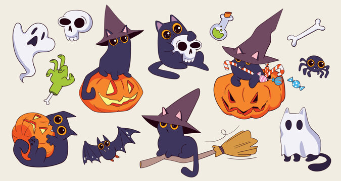Cute black cats in witch hats with pumpkins, ghosts, and Halloween decorations. Funny cartoon collection for holiday design, stickers, or greeting cards. Vector illustration
