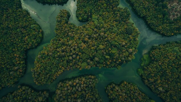 Aerial View of Dense Green Tropical Forest and Meandering River
