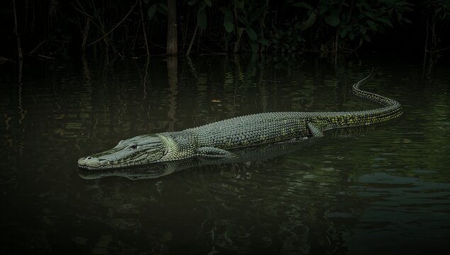 Green caiman alligator swimming in dark water with jungle plants