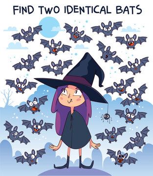 Funny Halloween puzzle with a witch and flying bats. Find two identical bats. Cute cartoon game for kids, perfect for Halloween learning and entertainment. Spot it