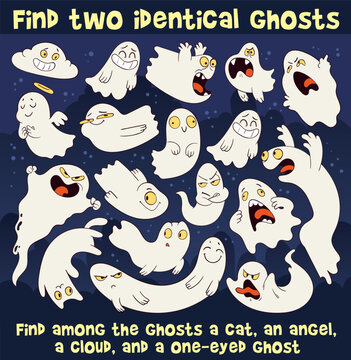 Find two identical ghosts. Cute Halloween ghost puzzle for kids. Funny cartoon ghosts with different emotions. Perfect for printable games, activity sheets, and educational materials