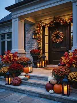 Luxury Autumn Front Porch with Pumpkins, Flowers and Lanterns