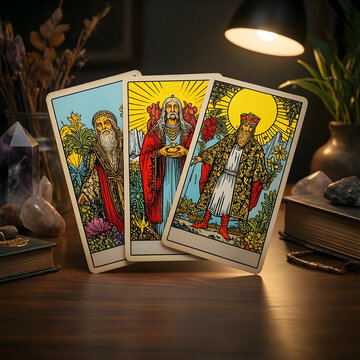 Tarot reading and divination, three tarot cards with mystical figures on a wooden desk with crystals and books for spiritual guidance and future insight