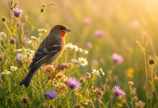 Biodiversity and nature conservation, common linnet bird perched on wildflowers in a sunny meadow during golden hour for environmental awareness campaigns
