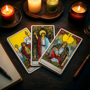 Tarot reading and spiritual guidance, fortune telling session with cards and candles on a dark wooden table for divination and mystical insight