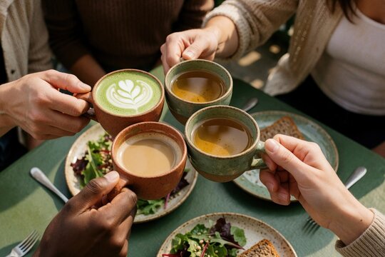 Four friends toast with coffee and matcha drinks on summer terrace. People enjoy morning breakfast with healthy food, conversation and good vibes. Sharing meal outdoor.