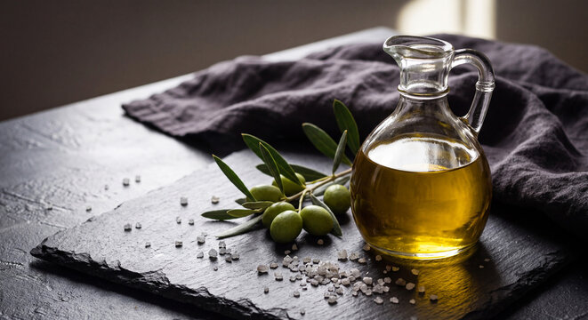 Extra virgin olive oil in glass pitcher with fresh green olives and sea salt on dark slate