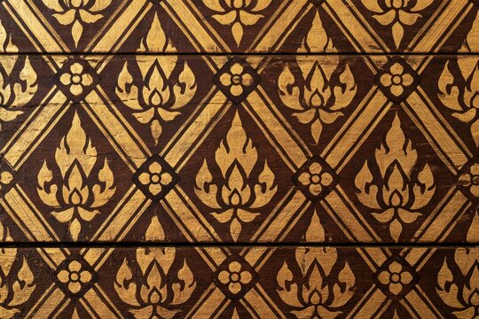 Ornate golden floral pattern on dark wood, detailed geometric repetition