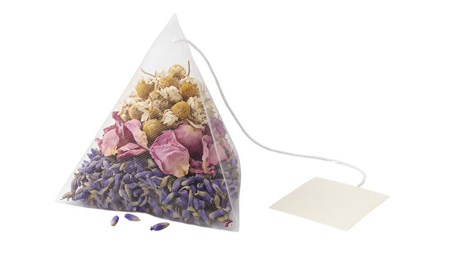 Pyramid tea bag with dried lavender, rose petals and chamomile. Herbal floral tea sachet for wellness and relaxation. Organic botanical infusion. isolated PNG with Transparent Background