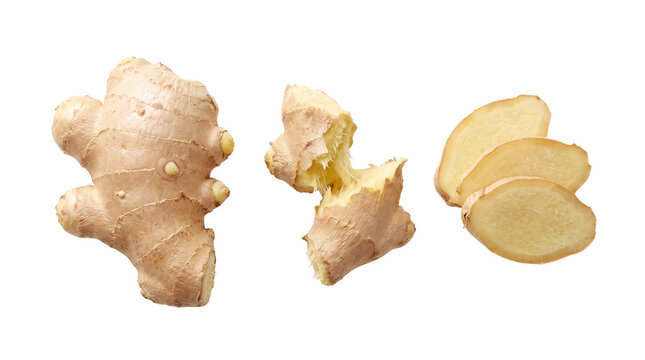 Fresh ginger root collection, whole organic ginger rhizome with broken pieces and thin slices, spicy culinary herb for cooking isolated PNG with Transparent Background