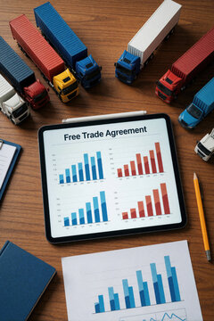 Business logistics concept with mini cargo trucks on wooden desk. Digital tablet displays free trade agreement charts, data visualization. Global commerce transport models, financial growth graphs