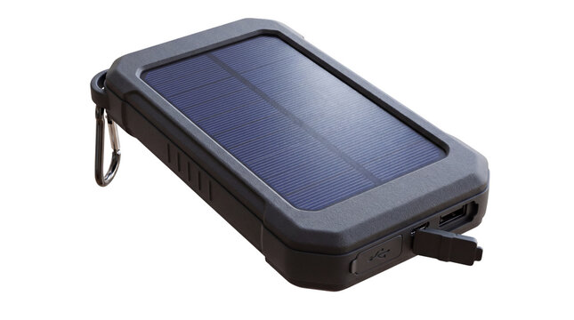 Portable solar power bank for outdoor charging. Rugged solar battery pack with carabiner. Emergency solar charger for camping. isolated PNG with Transparent Background