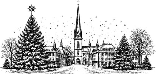 Naklejka premium Antique engraved christmas town scene with central cathedral spire flanked by decorated buildings and large fir trees for holiday card background