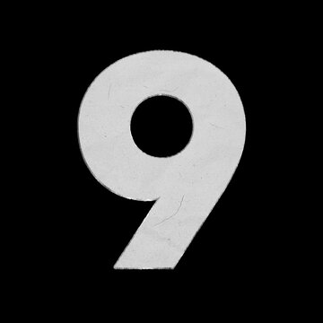 White crumpled paper cutout of the number nine isolated on a black background