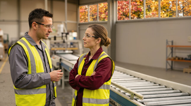 Two factory workers having a serious discussion on the production floor. Male and female employees in safety vests and glasses resolving a workplace conflict. Industrial communication concept
