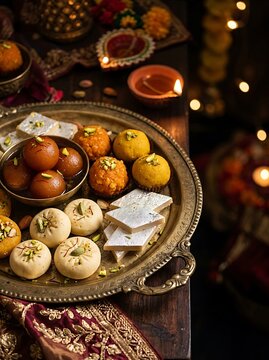 Assorted Indian Sweets on Decorative Silver Tray