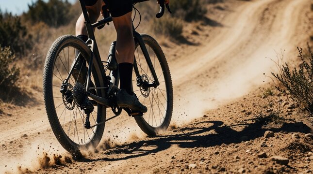 Close up of cyclist legs pedaling gravel bike uphill on dusty dirt road. Athlete wears cycling shoes, black shorts during intense mountain bike training. Motion blur shows speed as bike kicks up