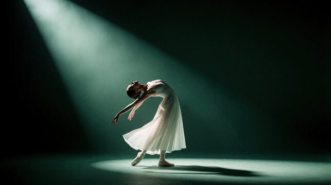 Ballerina in white dress arches back on stage. Dancer performs elegant ballet pose under bright spotlight. Woman moves gracefully with arms outstretched in a dark studio.