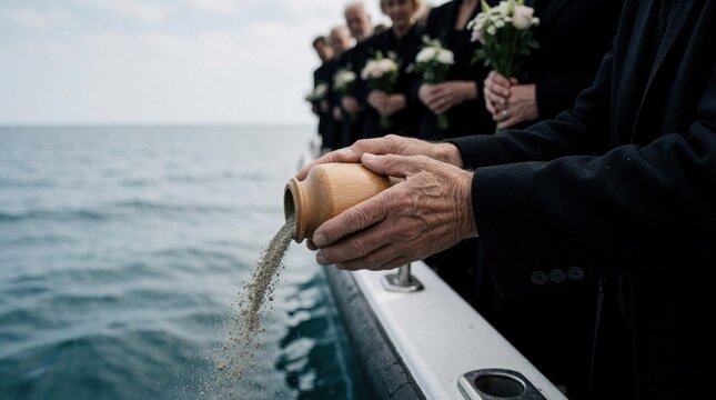 Person scatters ashes from urn into sea. Family members in black hold flowers during memorial service on boat. Peaceful final journey over calm ocean waters.