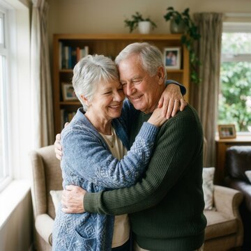 Elderly Couple Embracing Warmly At Home