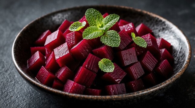 Diced cooked beetroot in ceramic bowl with fresh mint leaves. Red vegetable cubes served as healthy salad side dish. Close up of nutritious organic food on dark stone background. Vegan vegetarian