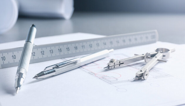 Professional drafting tools including a compass, ruler, and silver pens rest on a detailed architectural blueprint, evoking a feeling of precise, creative design. No people.