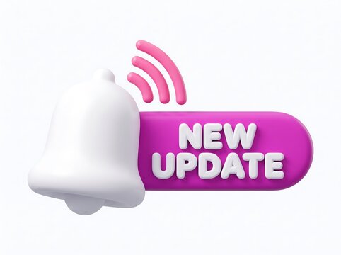 3D render of a notification bell with new update text bubble alert icon purple bubble web element