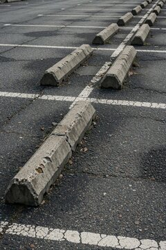 Weathered asphalt parking lot with concrete stops and white lines. Textured ground surface guides vehicles into empty spaces. Urban infrastructure detail.