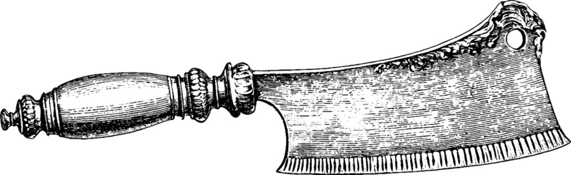 Antique cleaver engraving with ornate handle and broad blade isolated on white for culinary branding and historical design