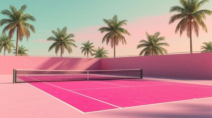 Obraz premium Pink tennis court with palm trees under pastel sky. Modern sport aesthetic with summer vacation vibes. Bright, playful design invites recreation and leisure.