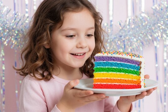 Happy six year old girl looks at colorful rainbow cake slice on white plate. Little child holds sweet dessert with bright layers for birthday party. Joyful kid enjoys tasty confectionery food at