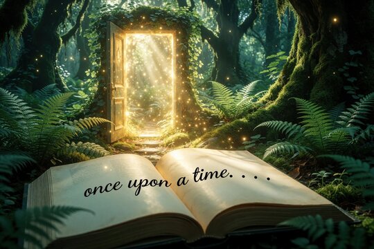 Open book shows once upon a time text. Magical glowing door opens in rich green forest. Light streams through portal, inviting into enchanted woods. Fairytale scene unfolds.